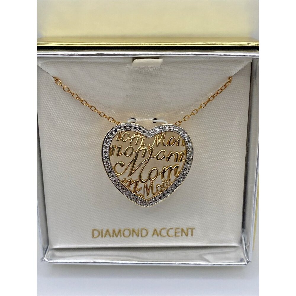 VTG Mom Diamond Accent Necklace 18k Yellow Gold Plate Heart Pendant 18" NOS Love